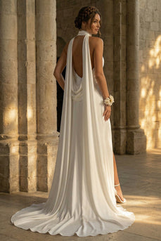 White Mermaid Ruched High Neck Maxi Beach Wedding Dress with Slit