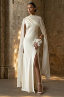 Load image into Gallery viewer, White Sheath Maxi Beach Wedding Dress with Cape