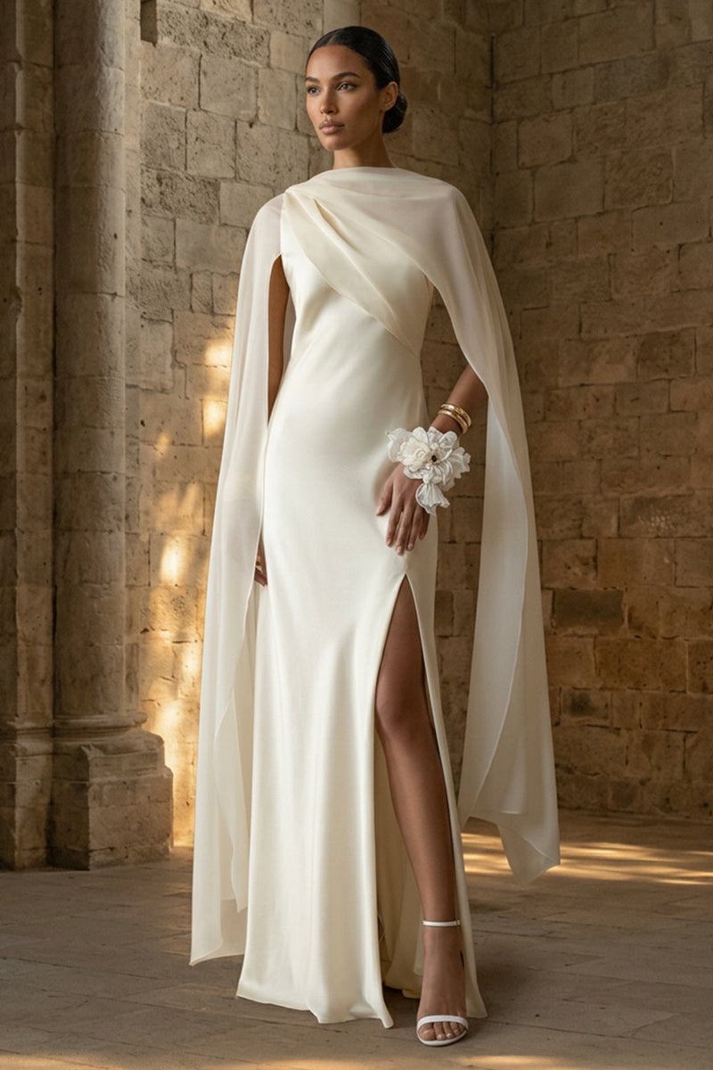 Load image into Gallery viewer, White Sheath Maxi Beach Wedding Dress with Cape