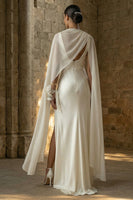 Load image into Gallery viewer, White Sheath Maxi Beach Wedding Dress with Cape