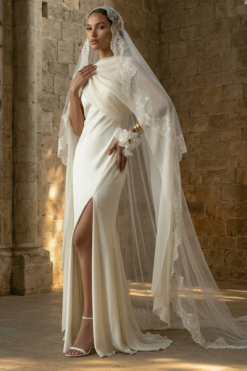 Load image into Gallery viewer, White Sheath Maxi Beach Wedding Dress with Cape