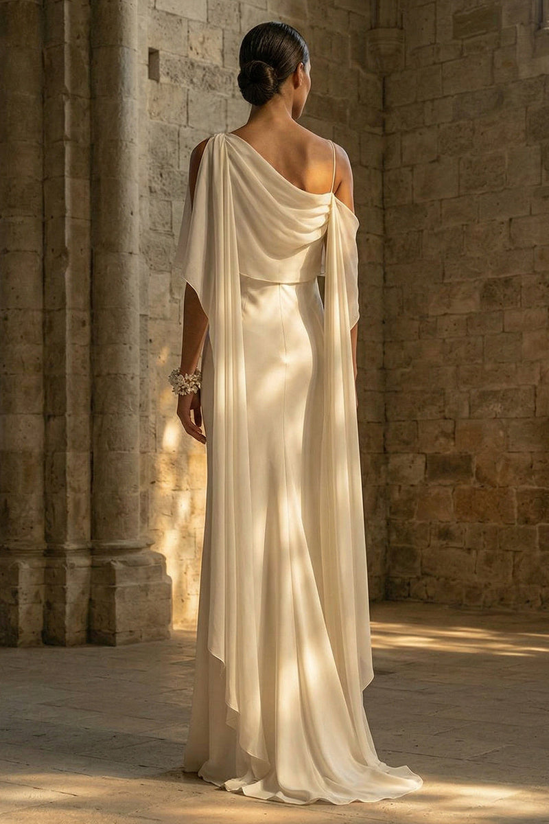 Load image into Gallery viewer, Sheath White Maxi Spaghetti Straps Beach Wedding Dress with Cape