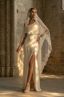 Load image into Gallery viewer, Sheath White Maxi Spaghetti Straps Beach Wedding Dress with Cape