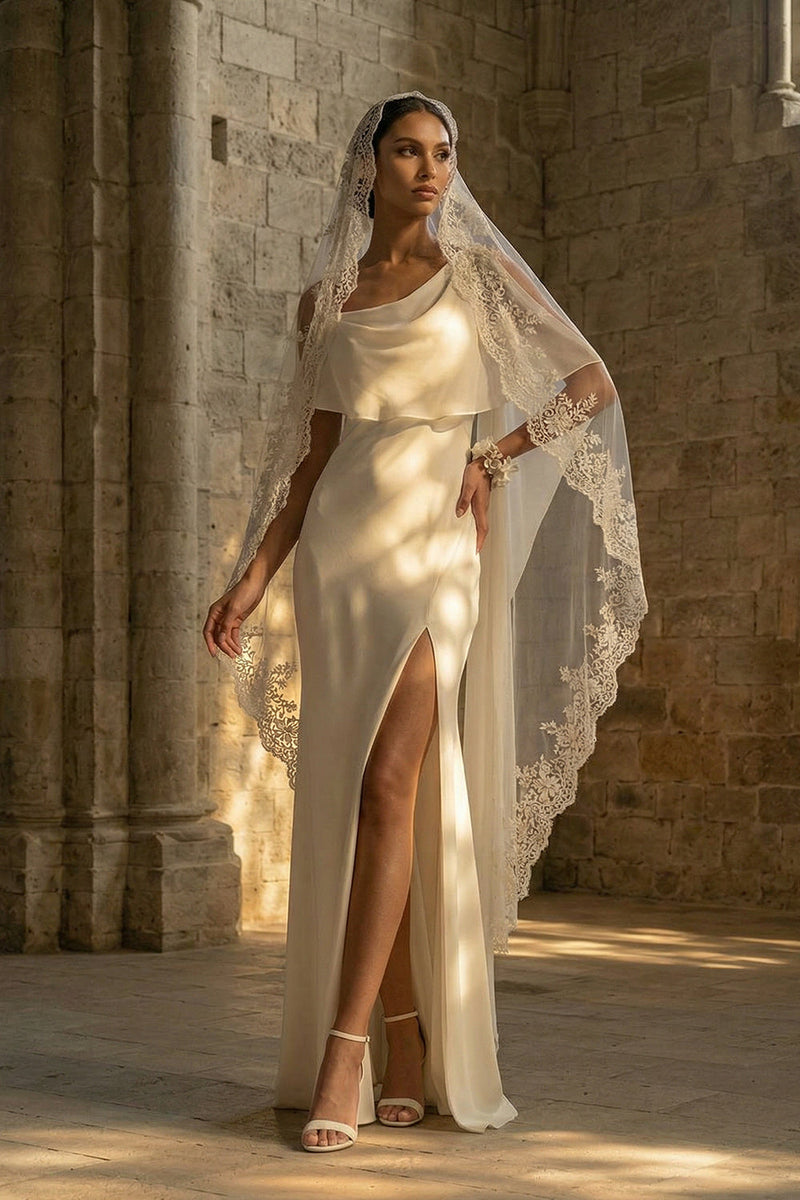 Load image into Gallery viewer, Sheath White Maxi Spaghetti Straps Beach Wedding Dress with Cape