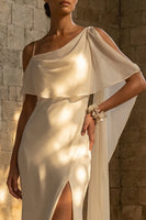 Load image into Gallery viewer, Sheath White Maxi Spaghetti Straps Beach Wedding Dress with Cape