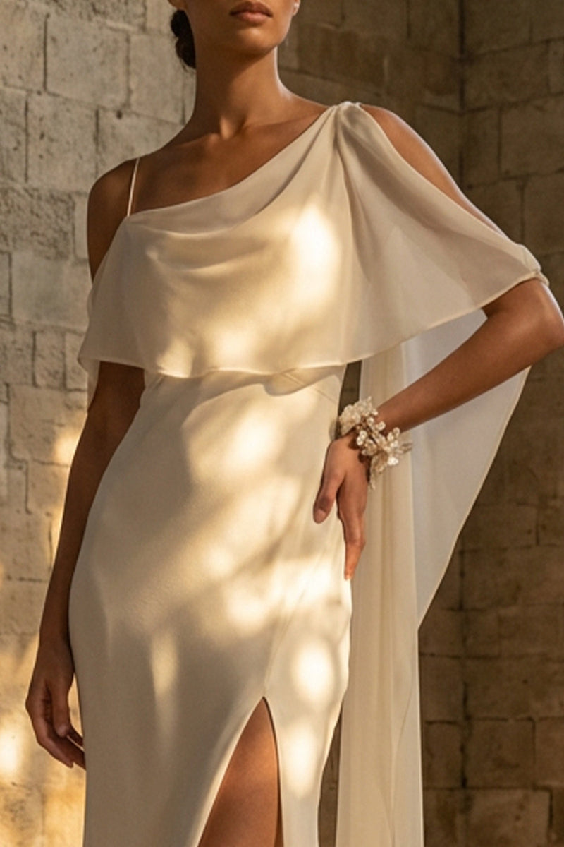 Load image into Gallery viewer, Sheath White Maxi Spaghetti Straps Beach Wedding Dress with Cape