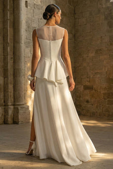 A Line White Maxi Boho Wedding Dress with Ruffles