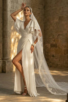 Load image into Gallery viewer, Maxi White Pleated A Line Beach Wedding Dress with Slit