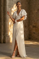 Load image into Gallery viewer, Maxi White Pleated A Line Beach Wedding Dress with Slit