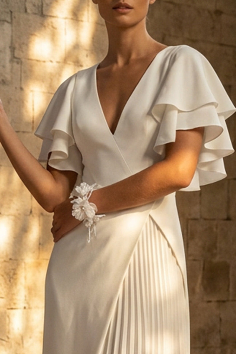 Load image into Gallery viewer, Maxi White Pleated A Line Beach Wedding Dress with Slit
