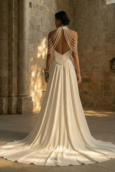 Mermaid White Beaded Ruched Maxi Boho Wedding Dress