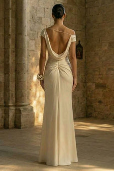 White Ruched Sheath Maxi Beach Wedding Dress with Slit