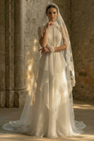 Load image into Gallery viewer, White Maxi High Neck A Line Beach Wedding Dress with Ruffles