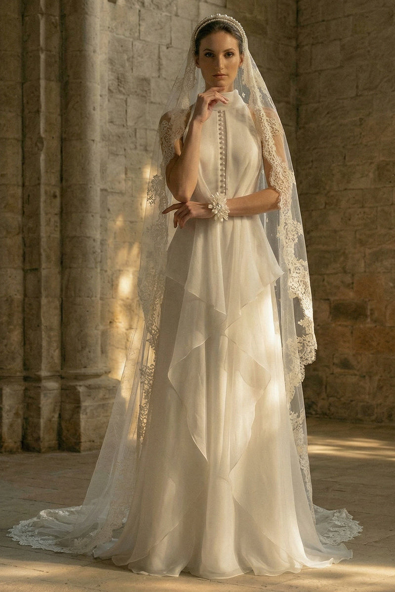 Load image into Gallery viewer, White Maxi High Neck A Line Beach Wedding Dress with Ruffles