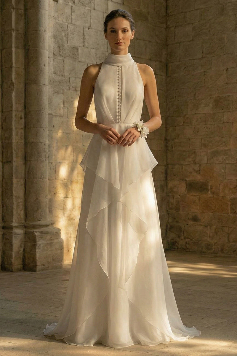 Load image into Gallery viewer, White Maxi High Neck A Line Beach Wedding Dress with Ruffles