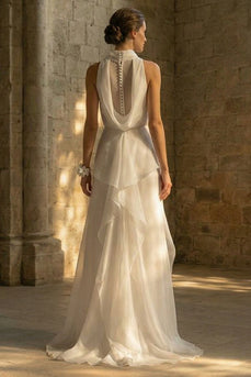 White Maxi High Neck A Line Beach Wedding Dress with Ruffles