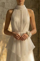 Load image into Gallery viewer, White Maxi High Neck A Line Beach Wedding Dress with Ruffles