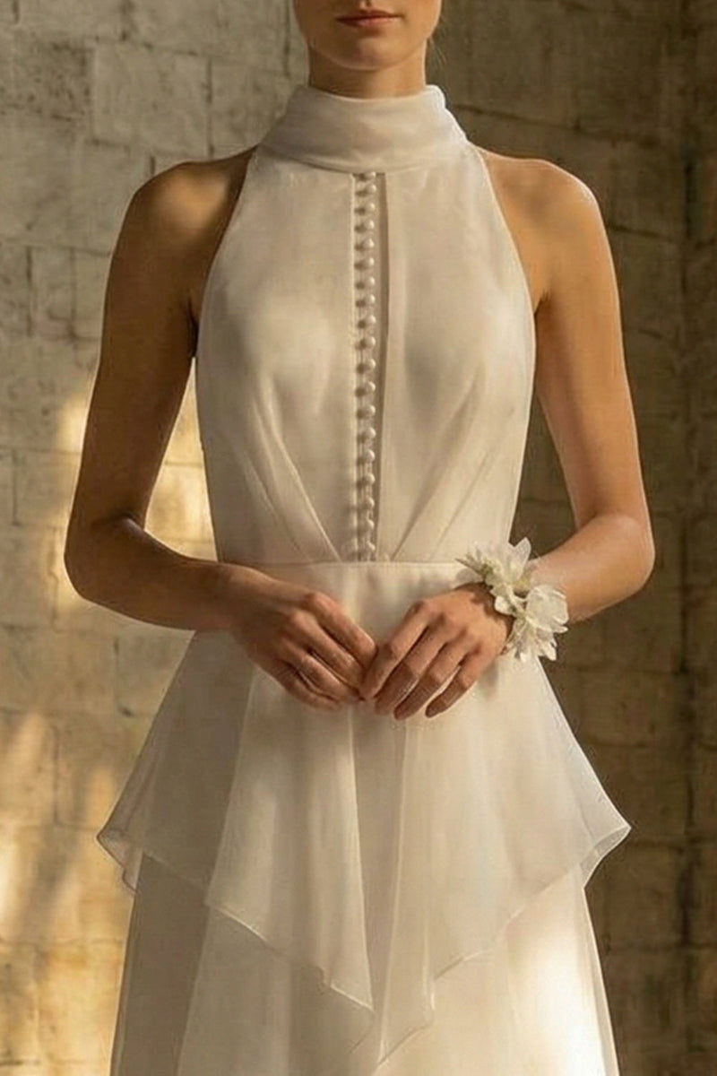 Load image into Gallery viewer, White Maxi High Neck A Line Beach Wedding Dress with Ruffles