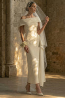Load image into Gallery viewer, Sheath Maxi White Ruched Beach Wedding Dress with Side Cape