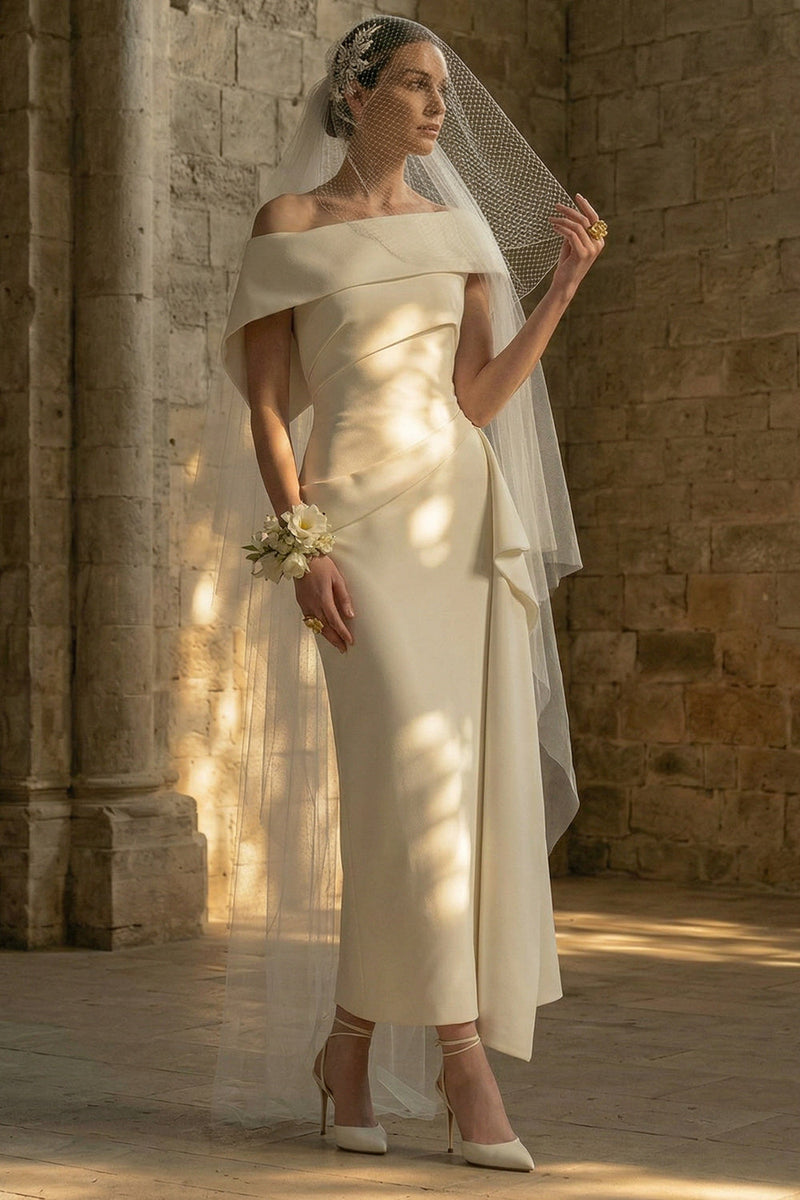 Load image into Gallery viewer, Sheath Maxi White Ruched Beach Wedding Dress with Side Cape
