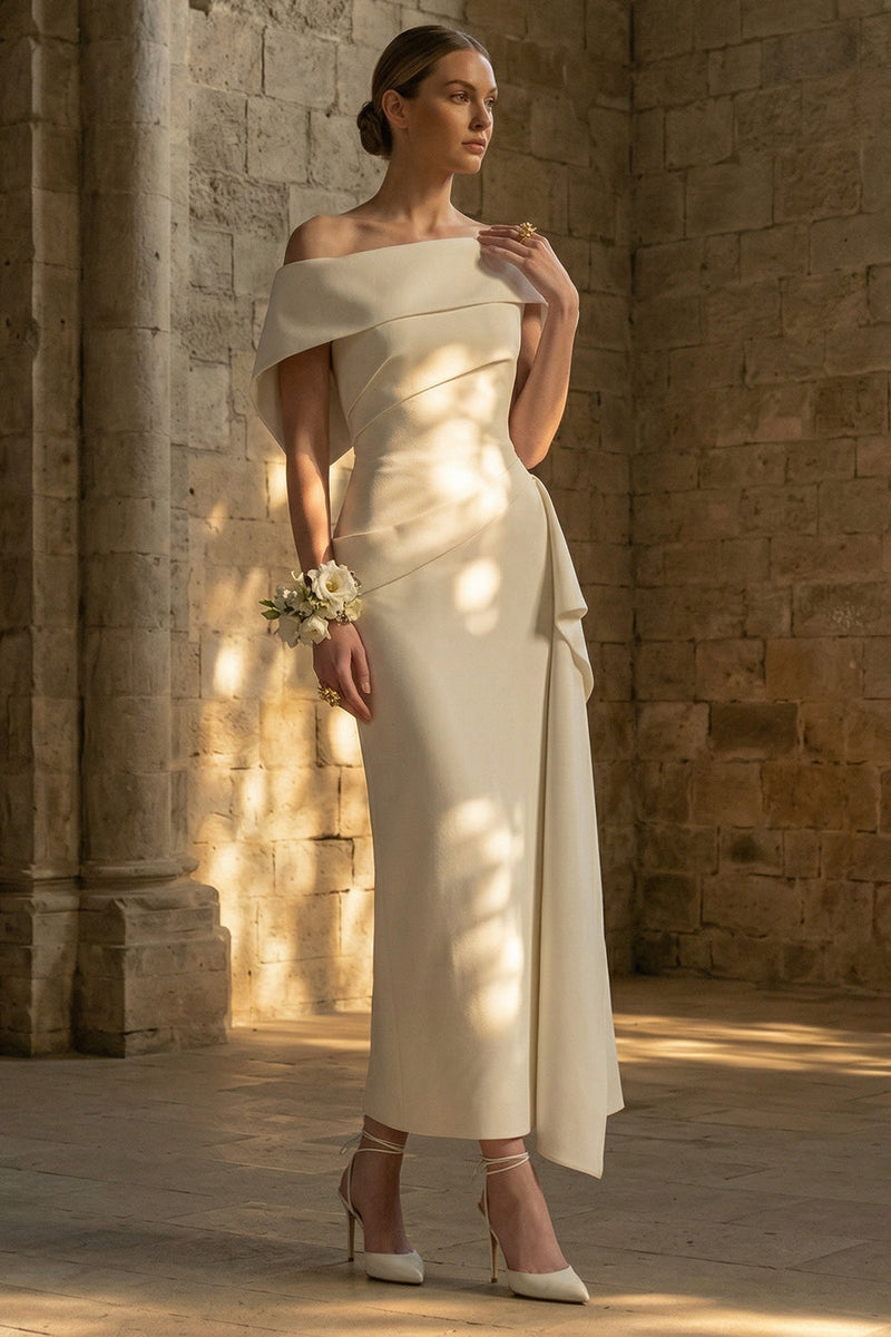 Load image into Gallery viewer, Sheath Maxi White Ruched Beach Wedding Dress with Side Cape