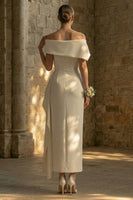 Load image into Gallery viewer, Sheath Maxi White Ruched Beach Wedding Dress with Side Cape