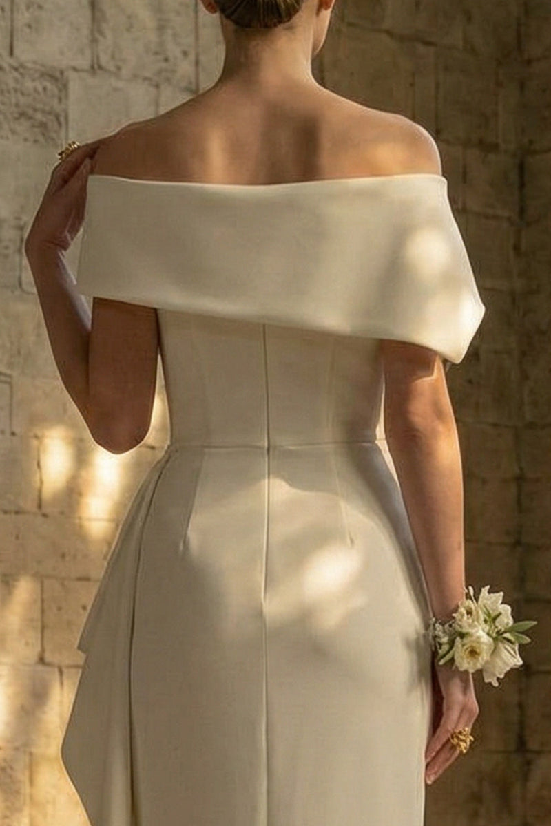 Load image into Gallery viewer, Sheath Maxi White Ruched Beach Wedding Dress with Side Cape