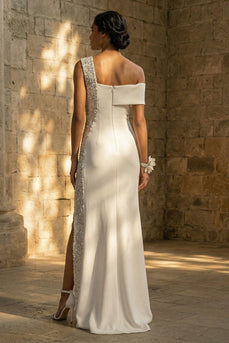 Sheath Maxi Beaded White Beach Wedding Dress with Slit