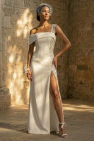 Load image into Gallery viewer, Sheath Maxi Beaded White Beach Wedding Dress with Slit