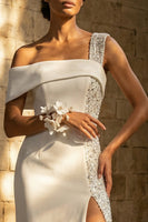 Load image into Gallery viewer, Sheath Maxi Beaded White Beach Wedding Dress with Slit
