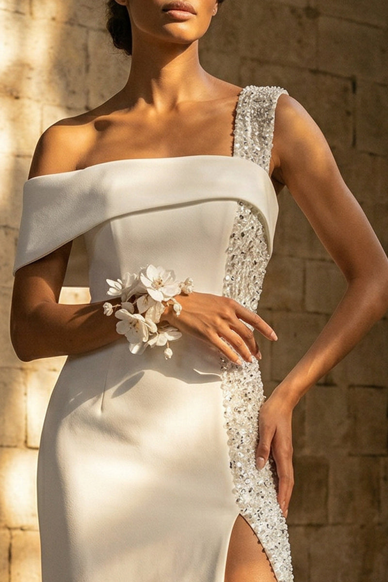 Load image into Gallery viewer, Sheath Maxi Beaded White Beach Wedding Dress with Slit
