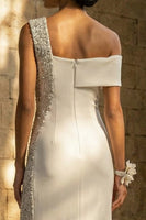 Load image into Gallery viewer, Sheath Maxi Beaded White Beach Wedding Dress with Slit