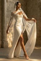 Load image into Gallery viewer, Maxi Sheath White One Shoulder Beach Wedding Dress with Side Cape