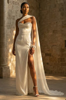 Load image into Gallery viewer, Maxi Sheath White One Shoulder Beach Wedding Dress with Side Cape