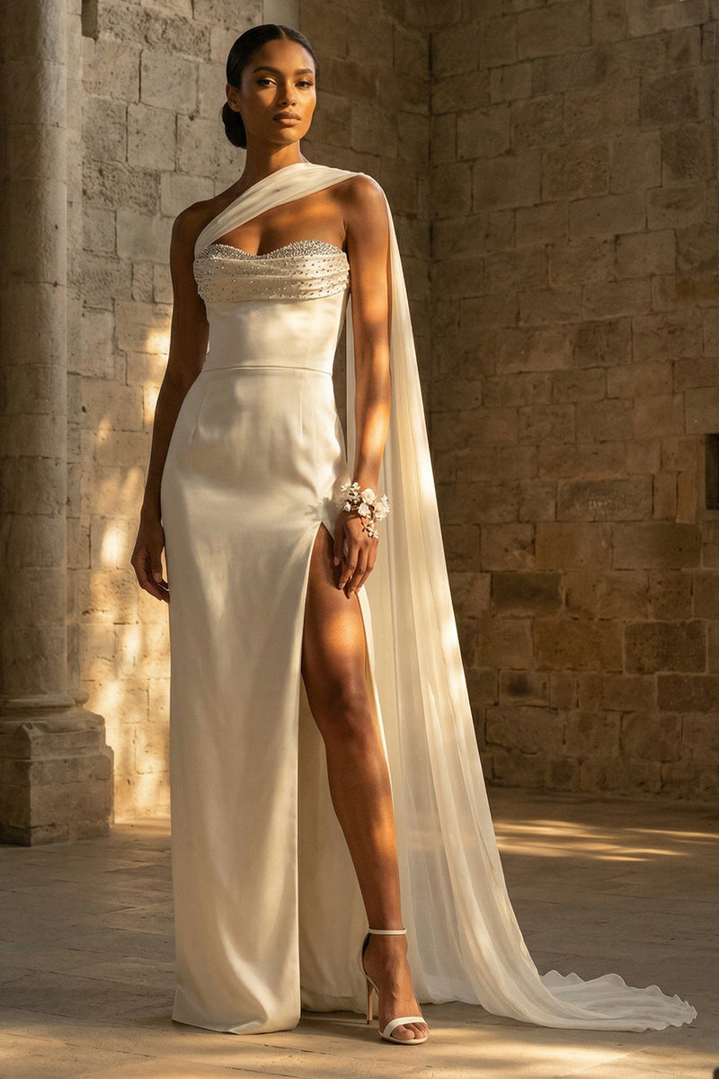 Load image into Gallery viewer, Maxi Sheath White One Shoulder Beach Wedding Dress with Side Cape