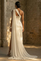 Load image into Gallery viewer, Maxi Sheath White One Shoulder Beach Wedding Dress with Side Cape