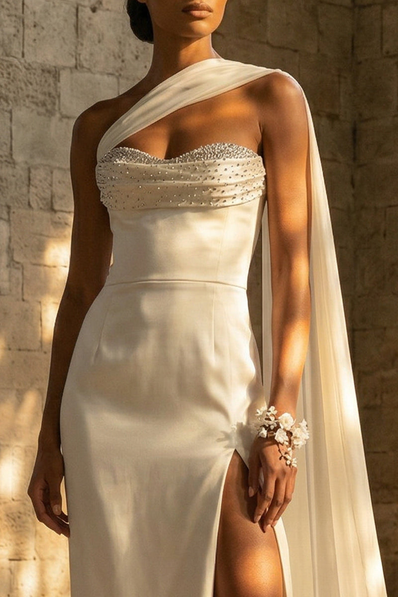 Load image into Gallery viewer, Maxi Sheath White One Shoulder Beach Wedding Dress with Side Cape