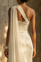 Load image into Gallery viewer, Maxi Sheath White One Shoulder Beach Wedding Dress with Side Cape
