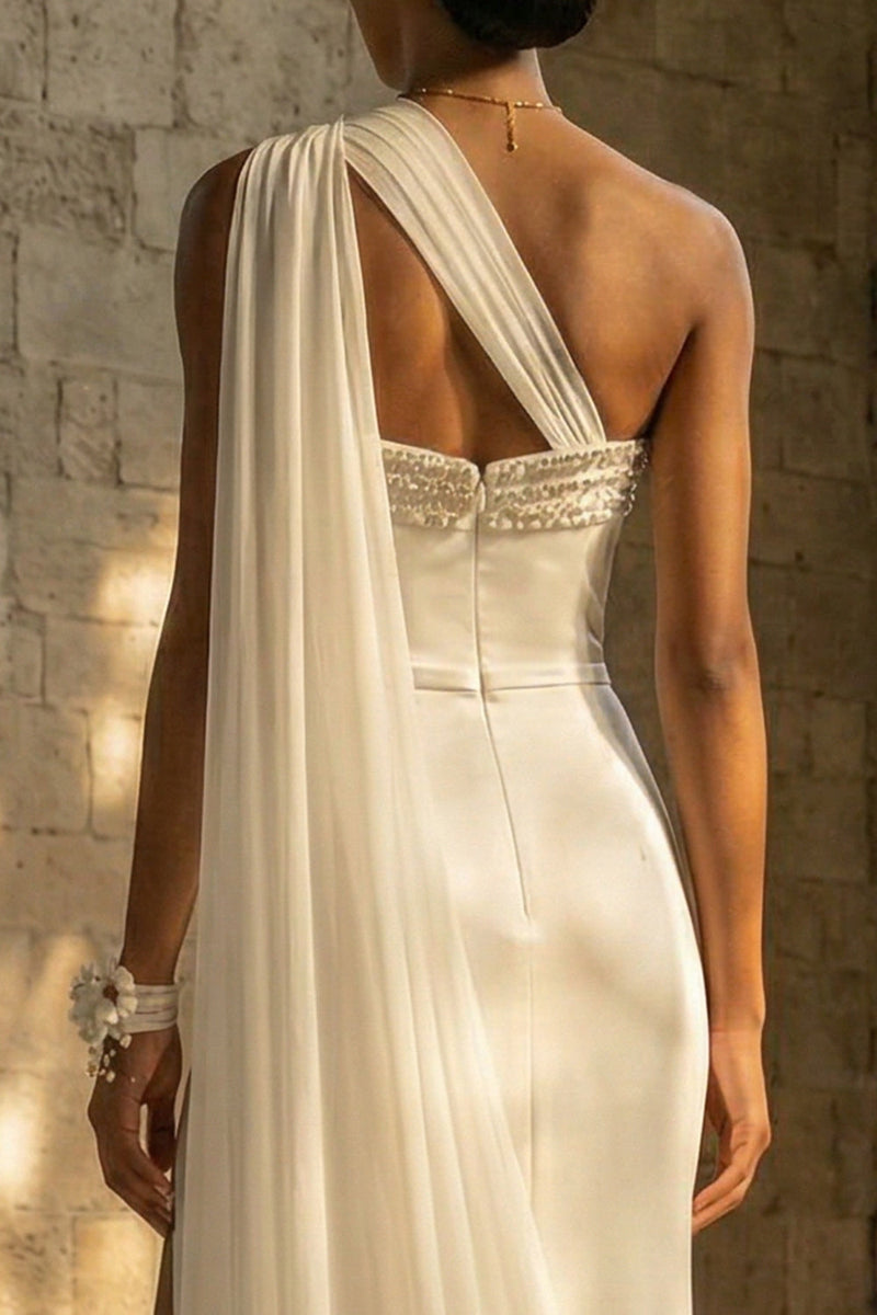 Load image into Gallery viewer, Maxi Sheath White One Shoulder Beach Wedding Dress with Side Cape