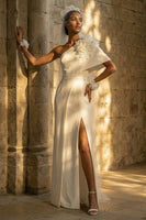 Load image into Gallery viewer, Floral Maxi White Sheath Beach Wedding Dress with Slit