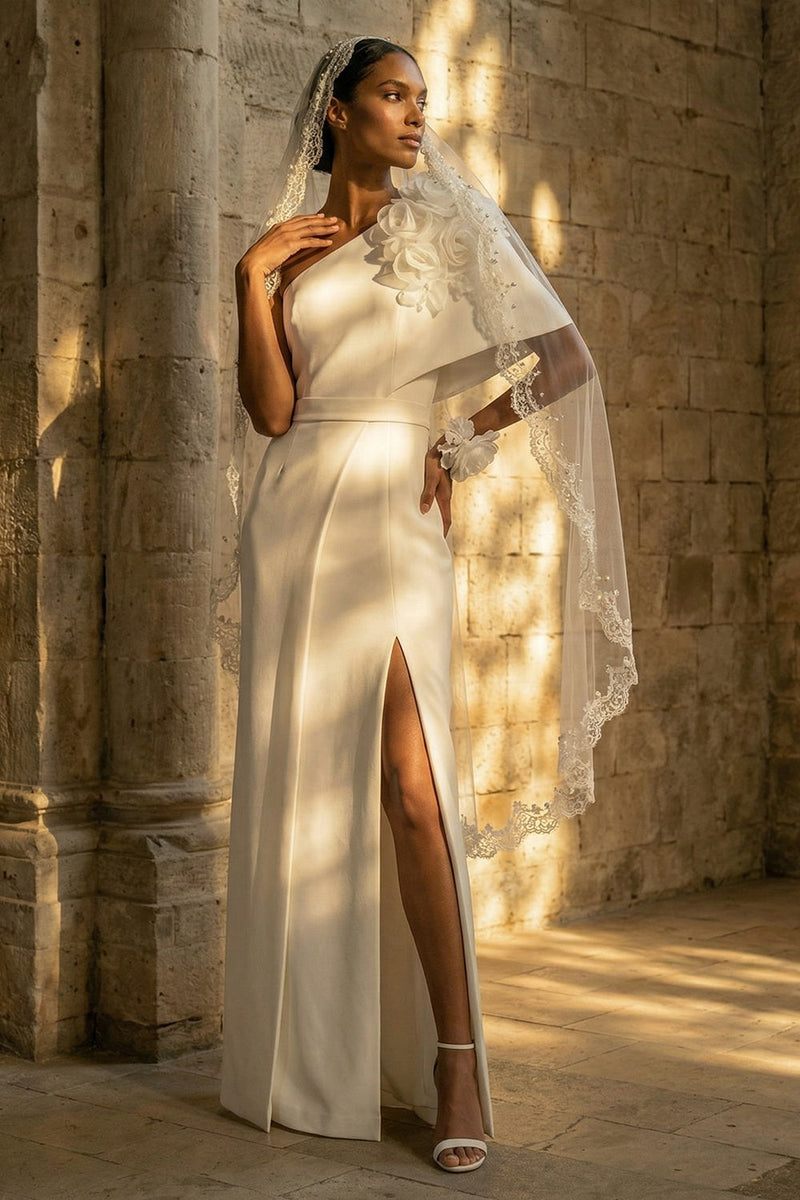 Load image into Gallery viewer, Floral Maxi White Sheath Beach Wedding Dress with Slit