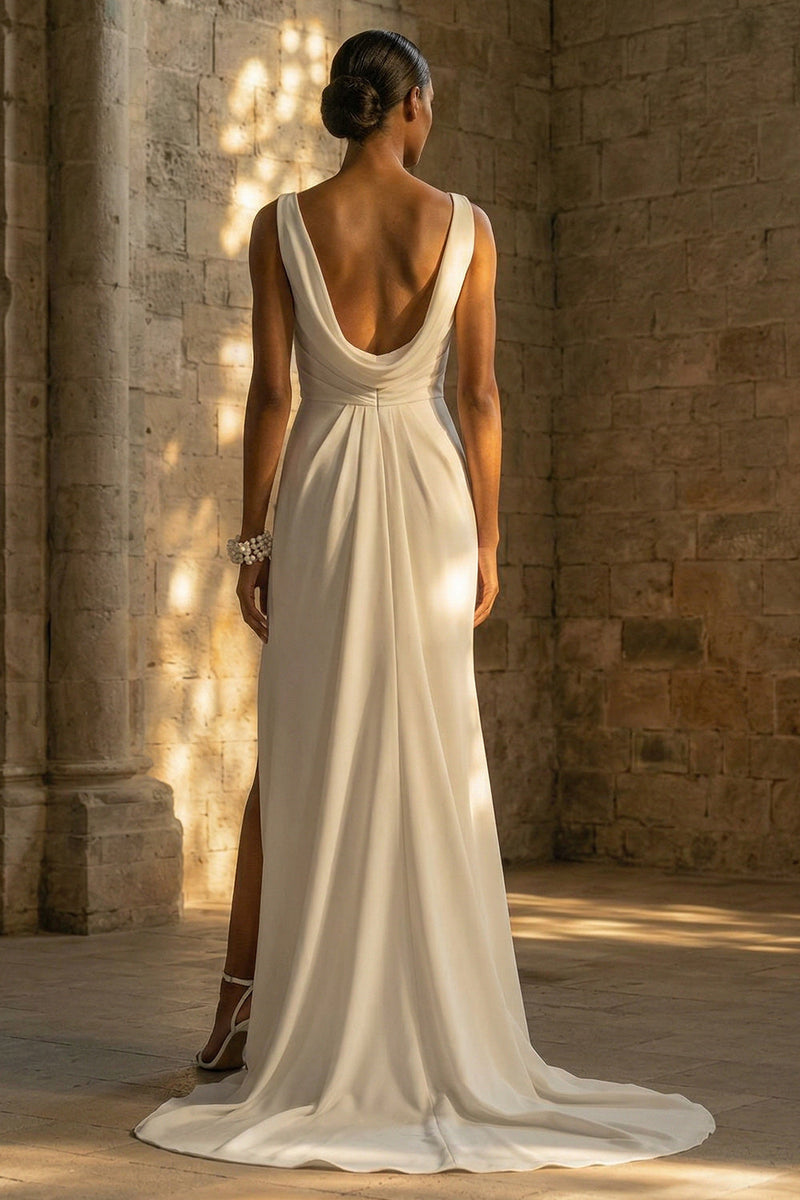 Load image into Gallery viewer, Sheath White Maxi Ruched Beach Wedding Dress with Slit