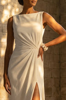 Load image into Gallery viewer, Sheath White Maxi Ruched Beach Wedding Dress with Slit