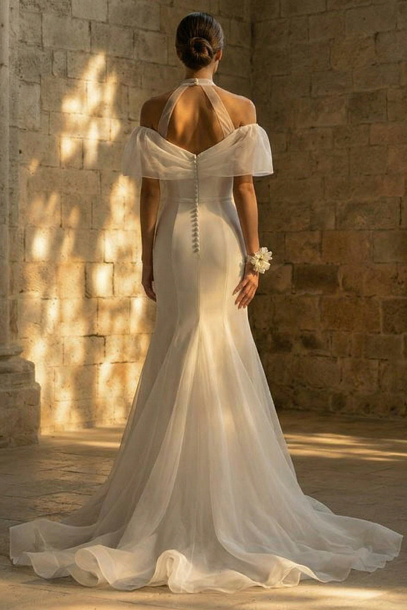 Load image into Gallery viewer, White Mermaid Sweep Train Boho Wedding Dress