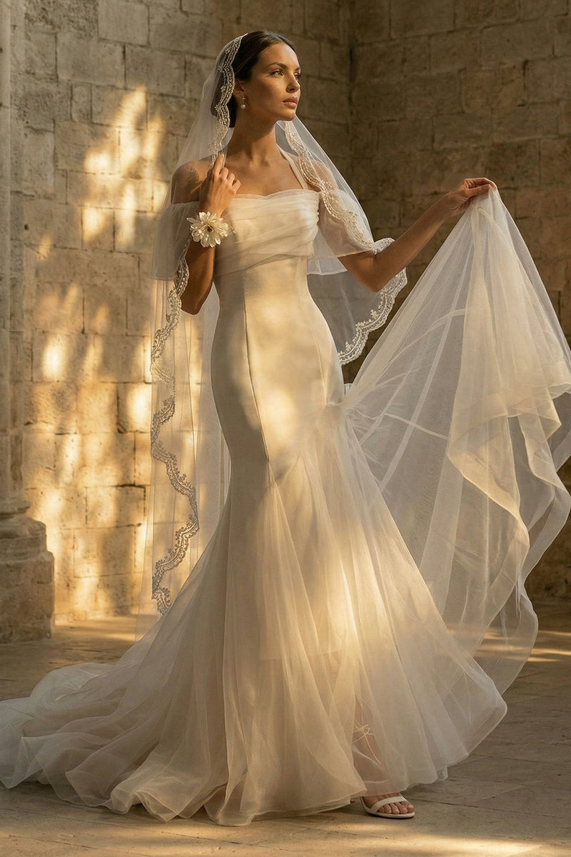 Load image into Gallery viewer, White Mermaid Sweep Train Boho Wedding Dress