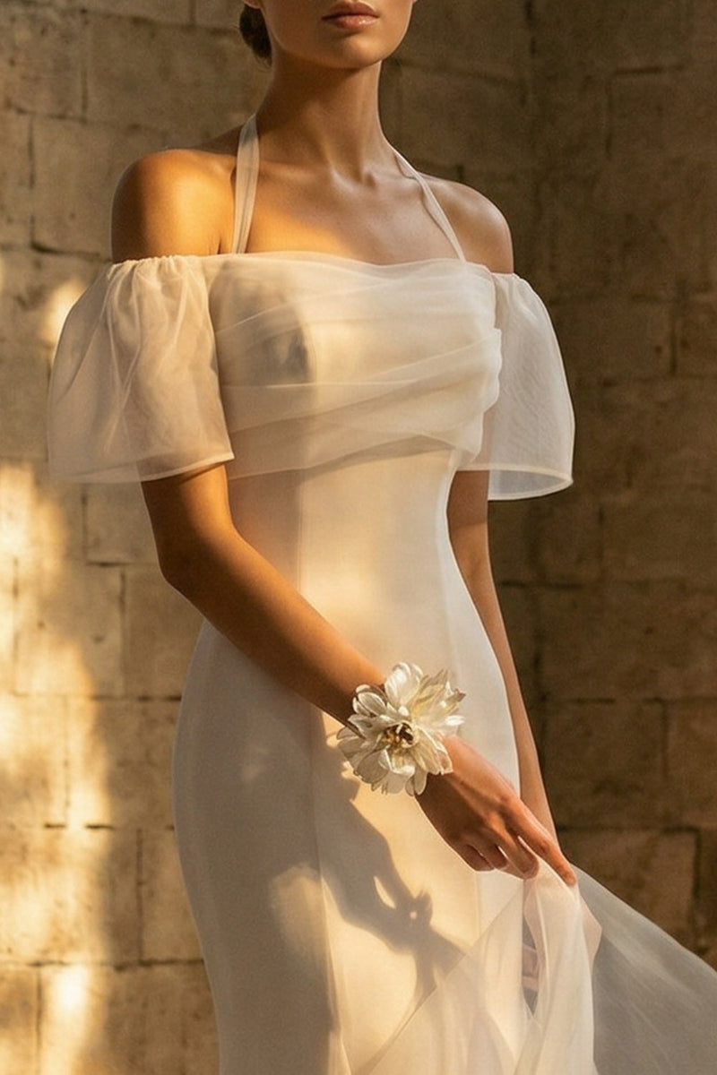 Load image into Gallery viewer, White Mermaid Sweep Train Boho Wedding Dress