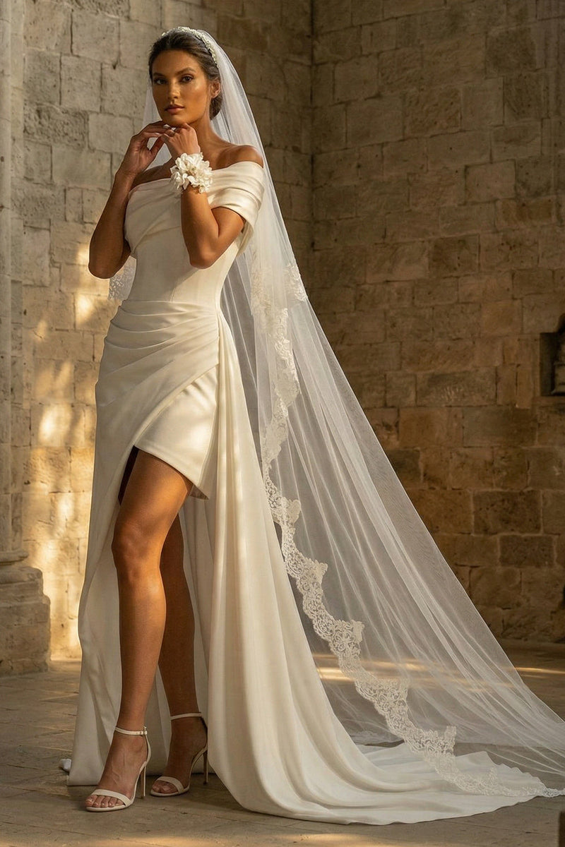 Load image into Gallery viewer, Maxi A Line White Ruched Beach Wedding Dress with Slit