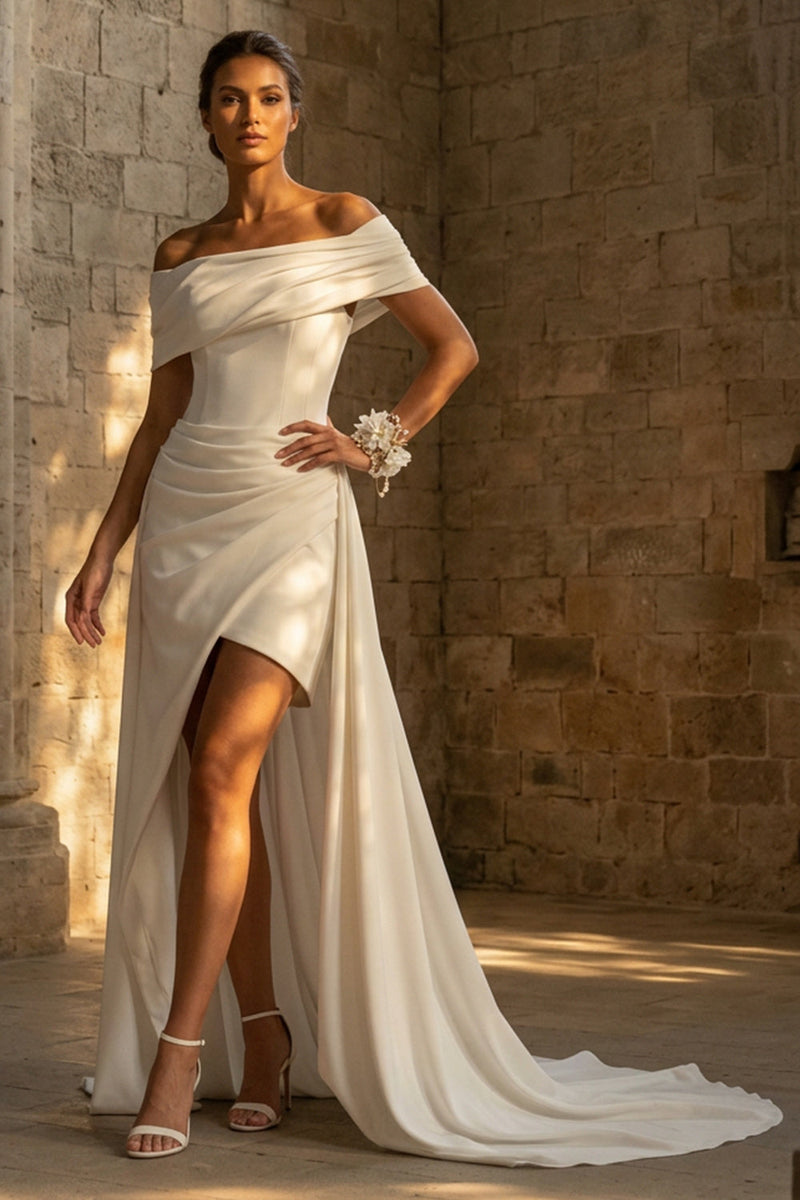 Load image into Gallery viewer, Maxi A Line White Ruched Beach Wedding Dress with Slit