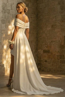 Maxi A Line White Ruched Beach Wedding Dress with Slit