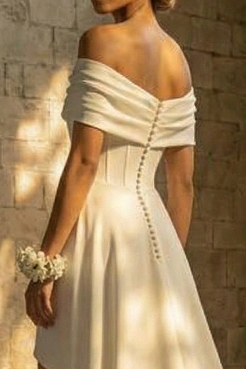 Load image into Gallery viewer, Maxi A Line White Ruched Beach Wedding Dress with Slit